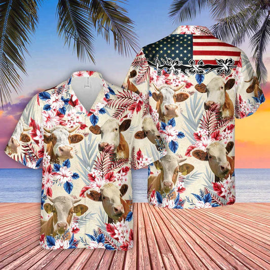 Simmental Pattern US FLAG Hawaiian Shirt, Farm cow Hawaiian shirt for men and women HO3837