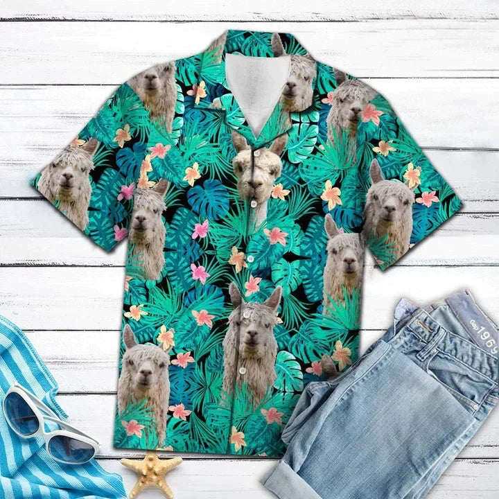 Simple Animal Love Alpacas Tropical Leaves Hawaiian Shirt HO3838