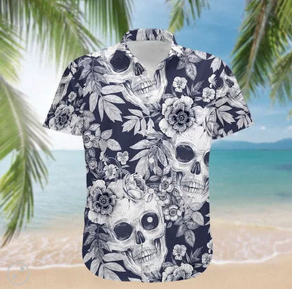Black And White Skull Roses 3D Hawaiian Shirt For Men, Skull Hawaiian Aloha Shirt HO2716