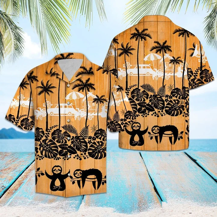 Sloth Palm Tree Sunset Lovers Pattern Hawaiian Shirt HO2152