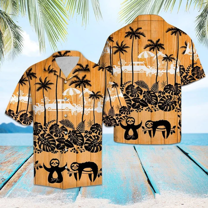 Sloth Palm Tree Sunset Lovers Pattern Hawaiian Shirt HO2152
