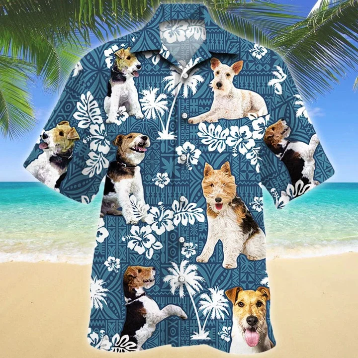 Smart Wire Fox Terrier Dog Blue Tribal Pattern Tropical Forest Hawaiian Shirt HO1965