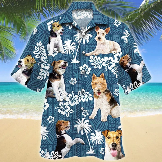 Smart Wire Fox Terrier Dog Blue Tribal Pattern Tropical Forest Hawaiian Shirt HO1965