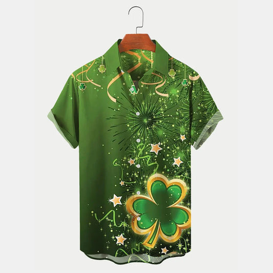 St. Patrick's Day Shamrock Print Men's Hawaiian Shirts Casual Comfortable Plus Size Shirts PO0117