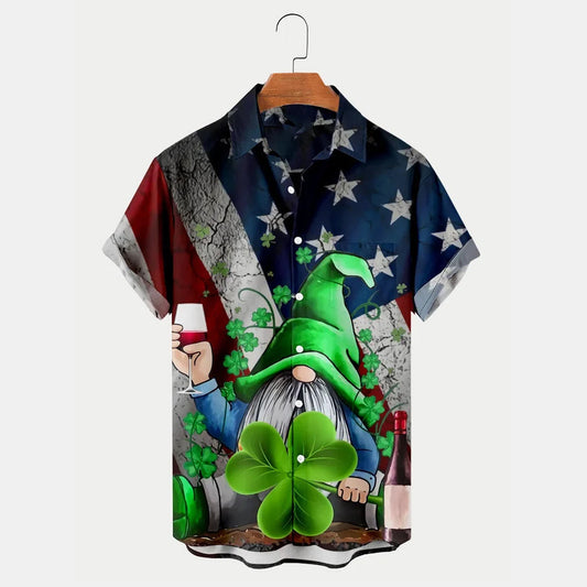 St. Patrick's Gnome Shamrock American Flag Print Men's Hawaiian Shirt PO0119