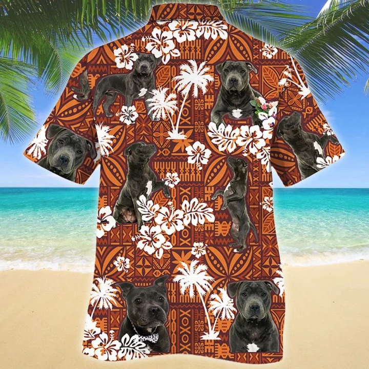 Staffordshire Bull Terrier Dog Red And Orange Tribal Pattern Hawaiian Shirt HO1620