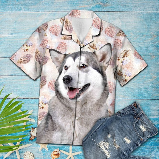 Summer Beach Seashells And Cute Alaskan Malamute Portrait Hawaiian Shirt, Short Sleeve Hawaiian Aloha Shirt HO1704