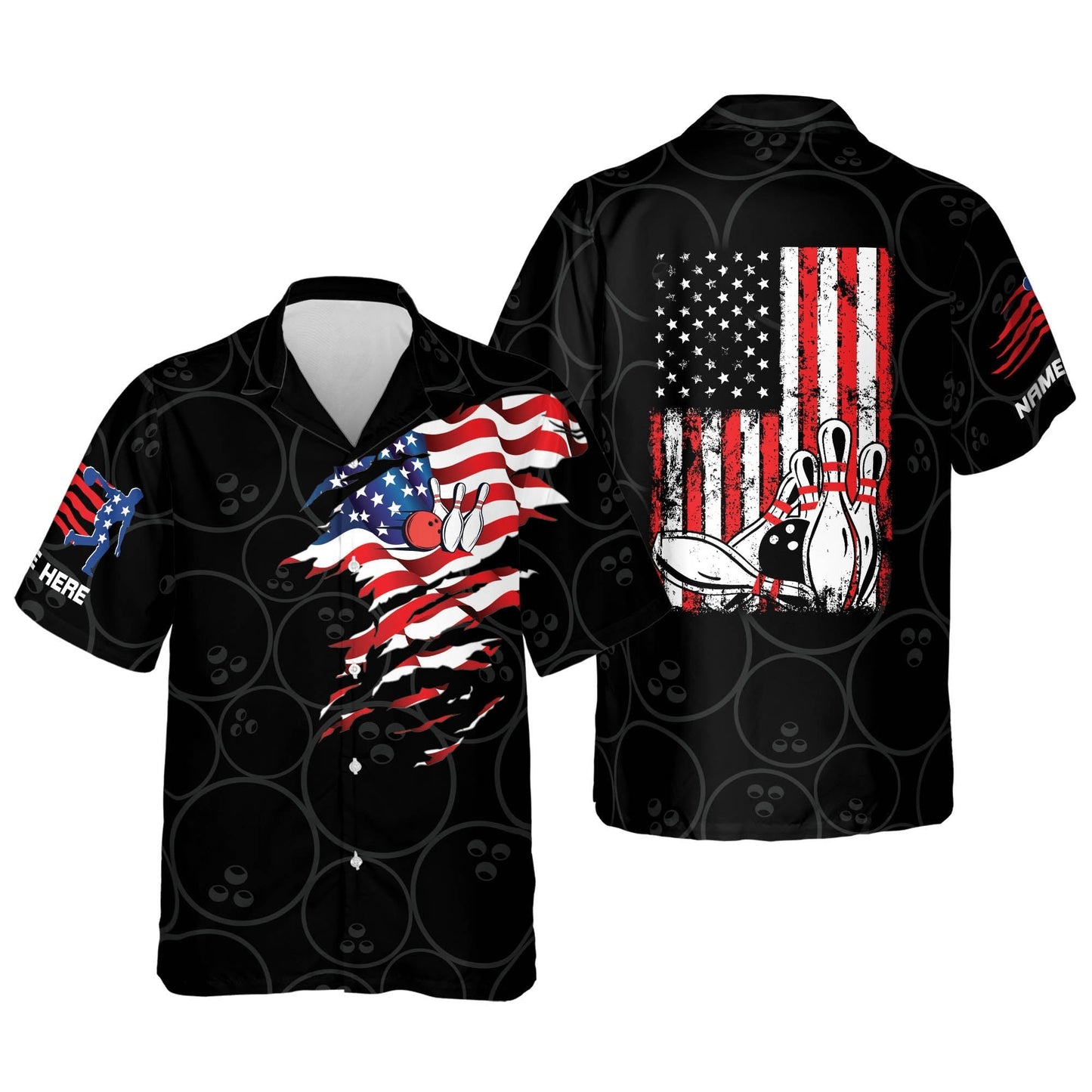 Custom Bowling Hawaiian Shirts for Men, USA Flag Patriotic Hawaiian Bowling Shirts HO2782