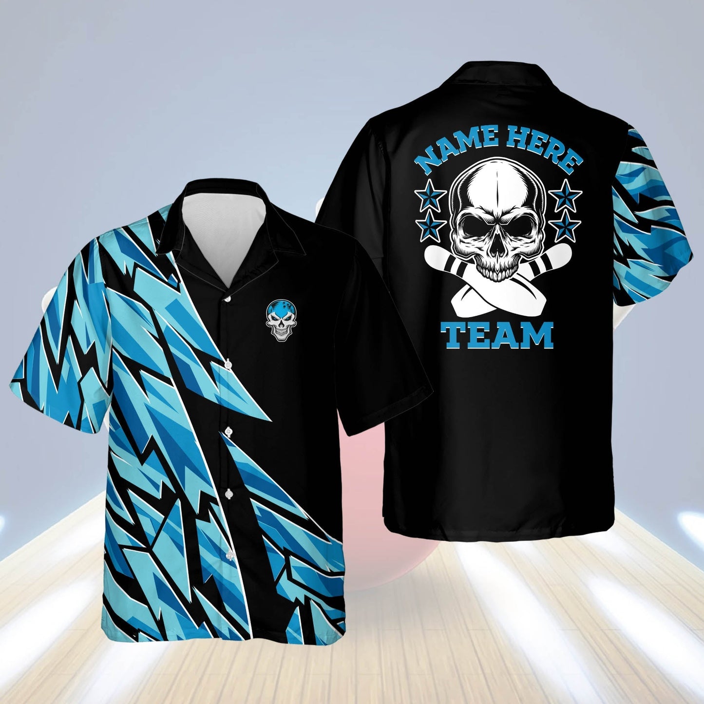 Custom Blue Skull Button-Down Casual Hawaiian Shirt, bowling Hawaiian Shirt for Men, Bowling team shirt HO2728