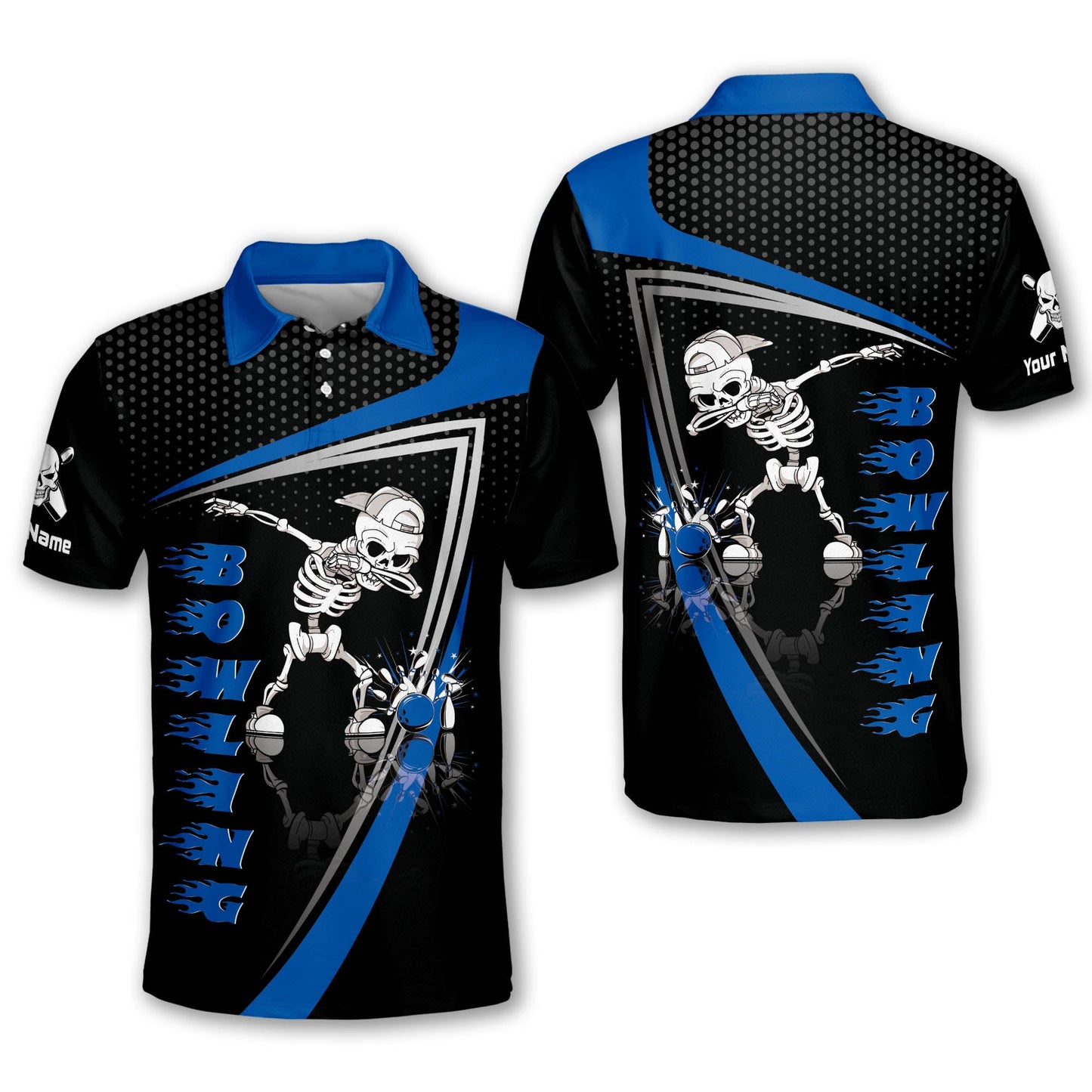 Custom Bowling Shirts For Men - Men's Skull Bowling Shirts Retro - Short Sleeve Bowling Polo Shirts Designs Custom - Blue And Black Bowling Shirts BM0135