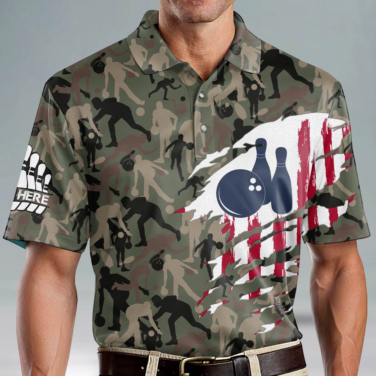 Custom Bowling Shirts For Men - Men's Custom Funny Bowling Shirts - Camo Bowling Team Shirts Men - American Short Sleeve Bowling Polo Shirts For Men BM0014