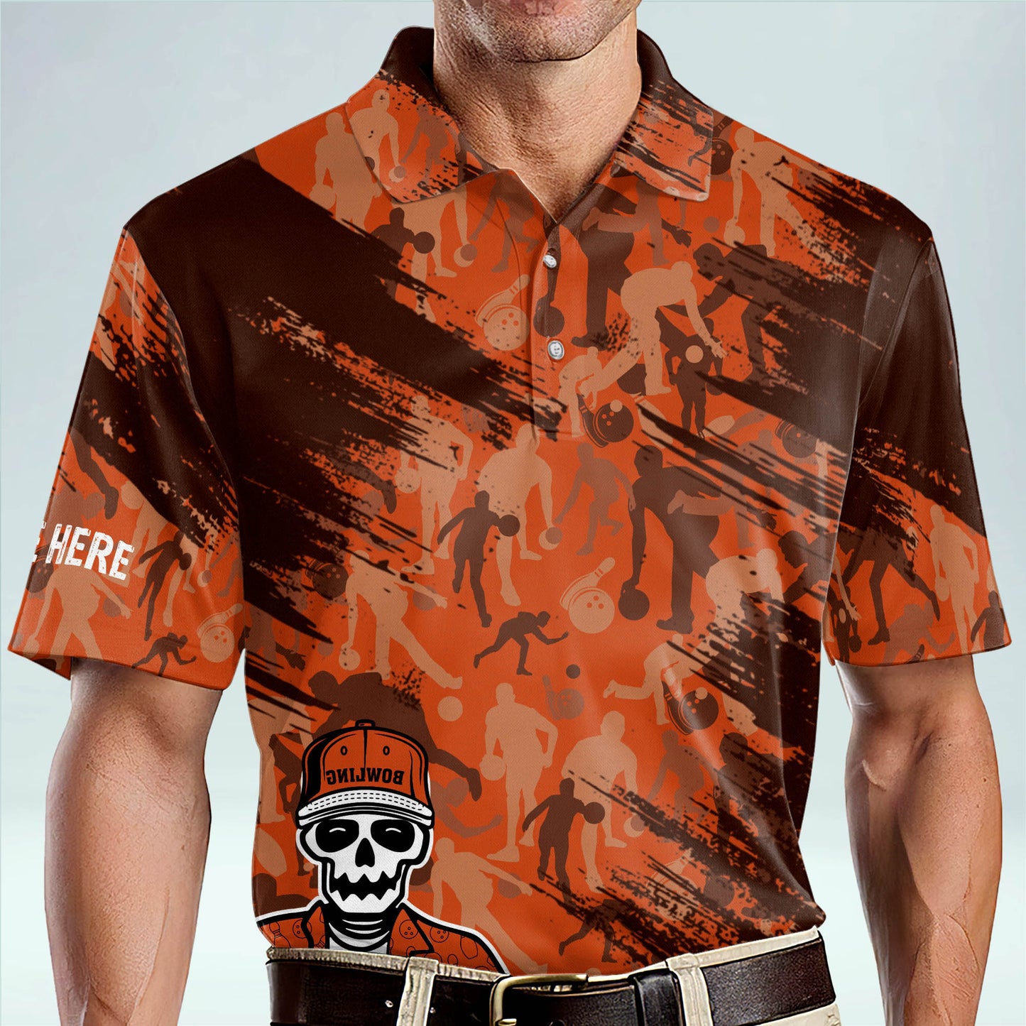 Custom Bowling Shirts For Men - Skull Short Sleeve Designer Bowling Shirt - Men's Custom Bowling Shirts With Name - Men's Orange Bowling Polo Shirts BM0125