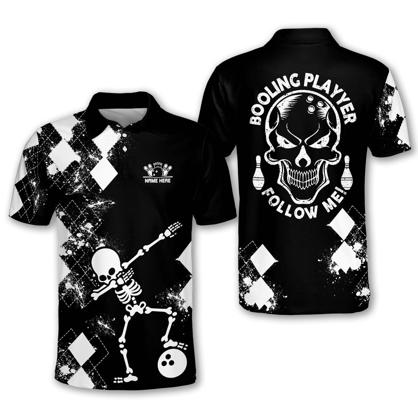 Custom Bowling Shirts For Men - Custom Made Bowling Shirts Retro - Skull Bowling Polo Shirts Men - Short Sleeve Black And White Bowling Shirt For Men BM0140