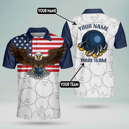 Custom Bowling Shirts For Men - Custom Bowling Team Shirts - Personalised American Flag Bowling Shirts For Men - Eagles Men's Bowling Polo Shirt BM0083