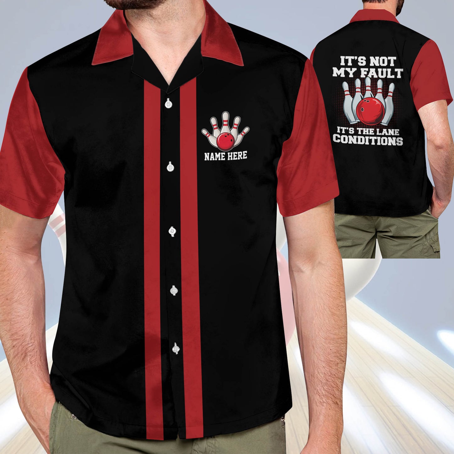 It's Not My Fault It's The Lane Conditions Custom Bowling Hawaiian Shirt, Custom Red And Black Funny Bowling Shirt HB0057