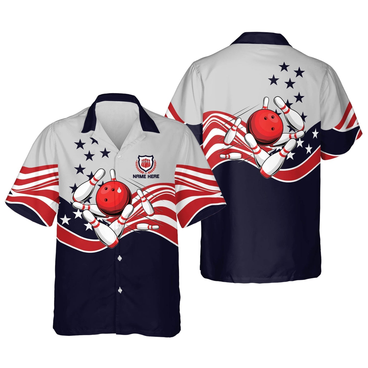 USA Bowling Button-Down Short Sleeve Hawaiian Shirt, Custom Name Bowling 3D Shirt HO3996