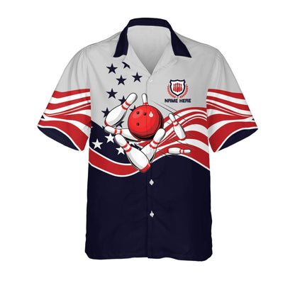 USA Bowling Button-Down Short Sleeve Hawaiian Shirt, Custom Name Bowling 3D Shirt HO3996
