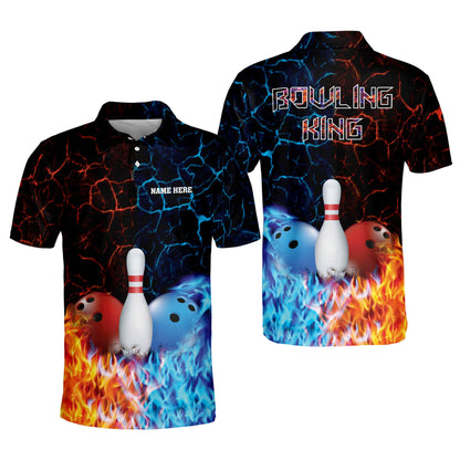 Custom Bowling Shirts For Men - Custom Funny Bowling Shirts Cheap For Men - Red And Blue Flame Short Sleeve Bowling Shirts - Bowling King Polo Shirts BM0106