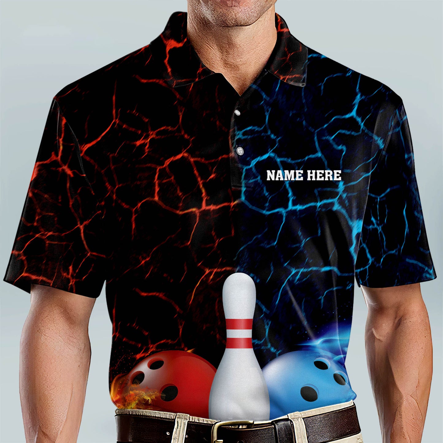 Custom Bowling Shirts For Men - Custom Funny Bowling Shirts Cheap For Men - Red And Blue Flame Short Sleeve Bowling Shirts - Bowling King Polo Shirts BM0106