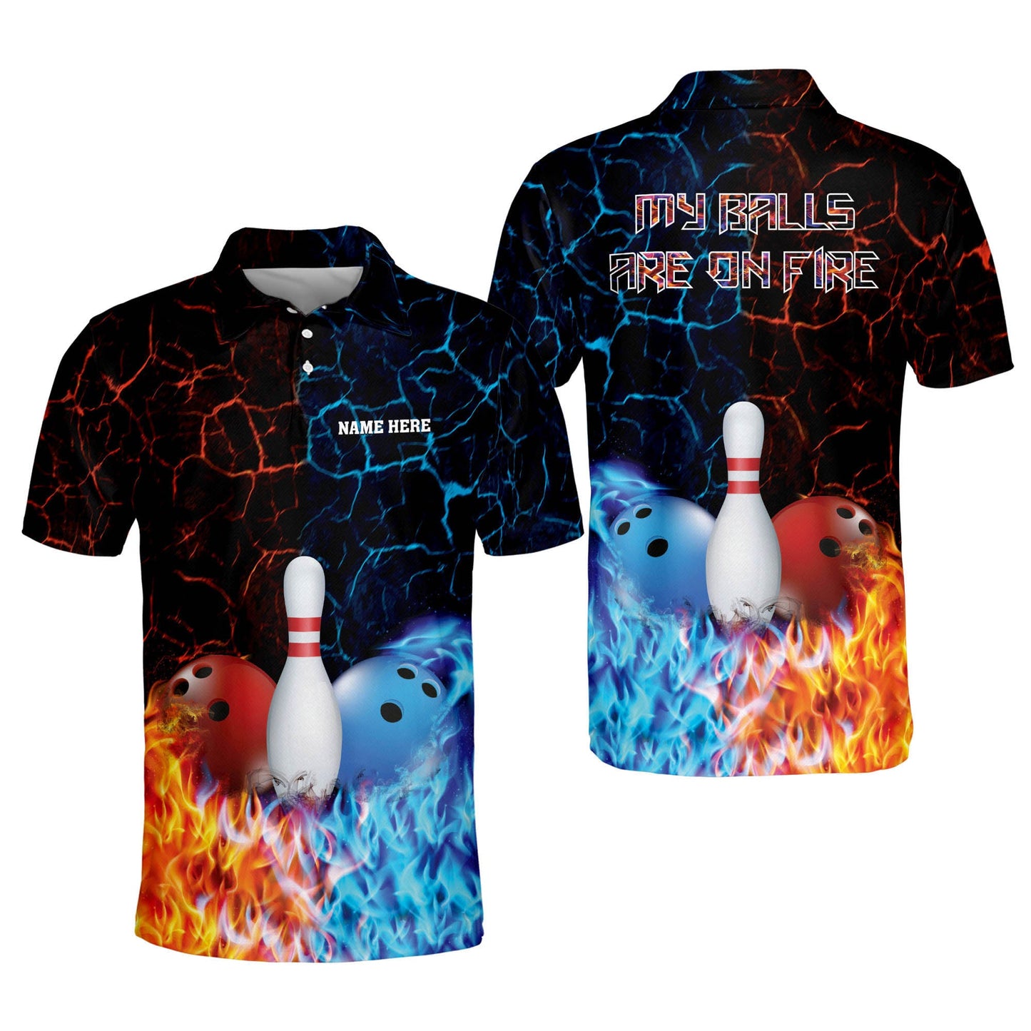 Custom Bowling Shirts For Men - Custom Funny Bowling Shirts With Name Mens - Red And Blue Flame Bowling Polo Shirt - My Balls Are On Fire Polo Shirt BM0235