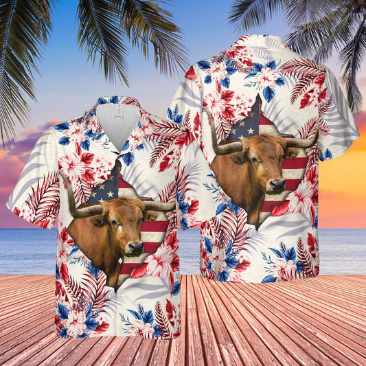 Tx-Longhorn Face Hibiscus Flower All Over Printed 3D Hawaiian Shirt HO5403