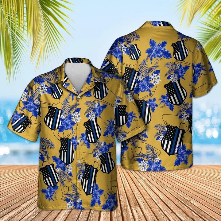 Thin Blue Line US Emblem With Flowers Pattern Hawaiian Shirt HO0746