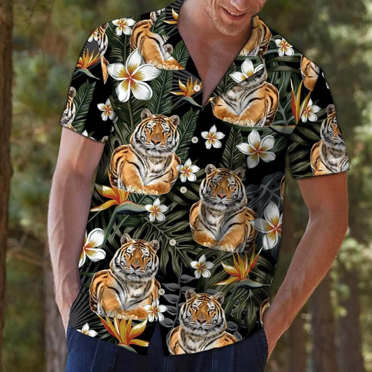 Tiger With Plumeria In Forest Hawaiian Shirt HO0195