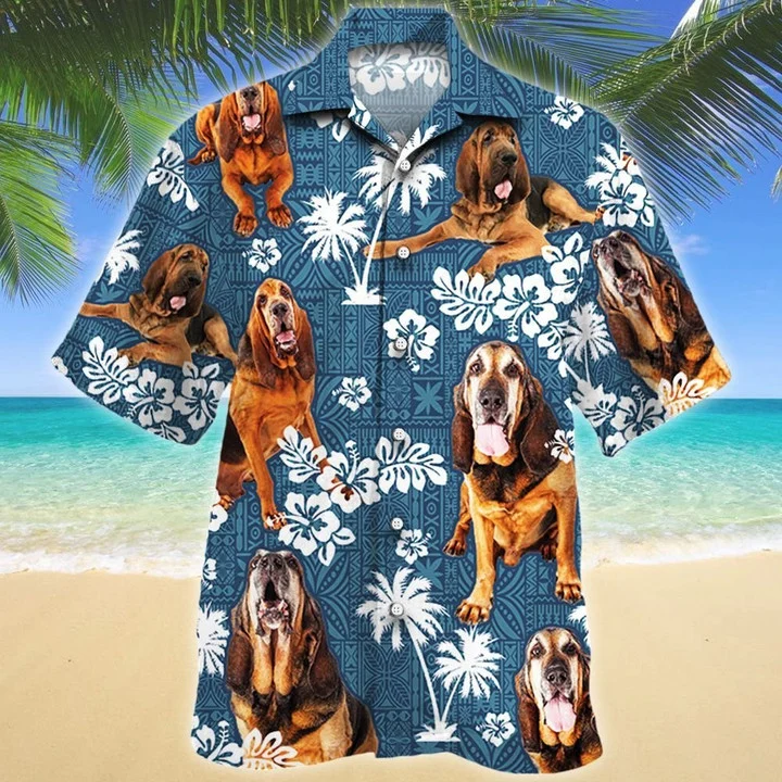 Tongue Out Bloodhound Dog Blue Tribal Hawaiian Shirt HO1809