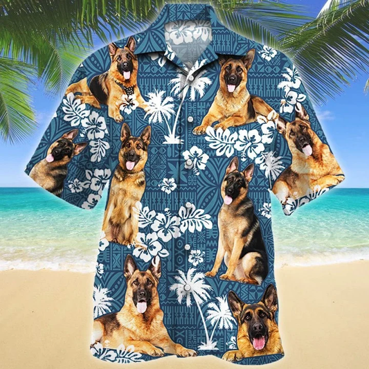 German shepherd shirts, Tongue Out German Shepherd Dog Lovers Blue Tribal Pattern Hawaiian Shirt HO2182