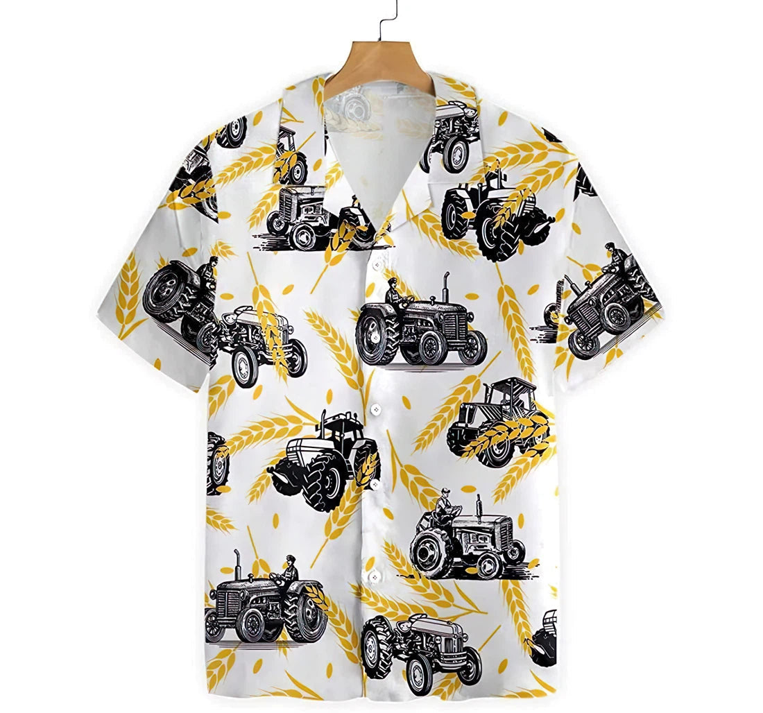 Tractors On Wheat Pattern Summer Clothes Hawaiian Shirt, Button Up Aloha Shirt For Men, Women HO0842