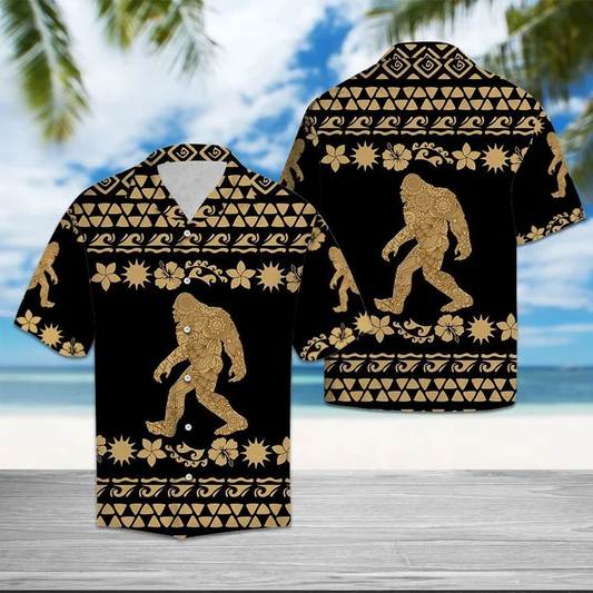 Tribal Golden Bigfoot Walking Into Forest Design Hawaiian Shirt HO1974