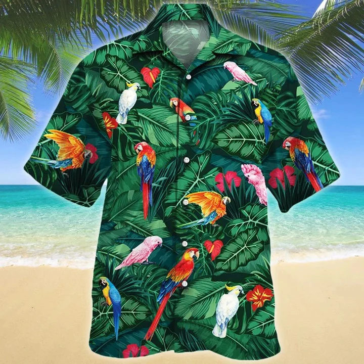 Tropical Parrots Dark Green Hawaiian Shirt, Summer aloha hawaii shirt for Men women HO1724