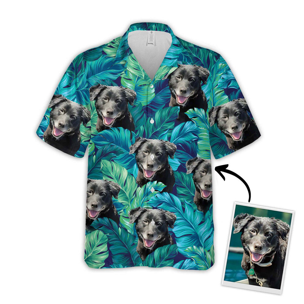 Turquoise And Blue Tropical Leaves Pattern Short-Sleeve Hawaiian Shirt, Personalized Photo Dog Hawaiian Shirt HO4376