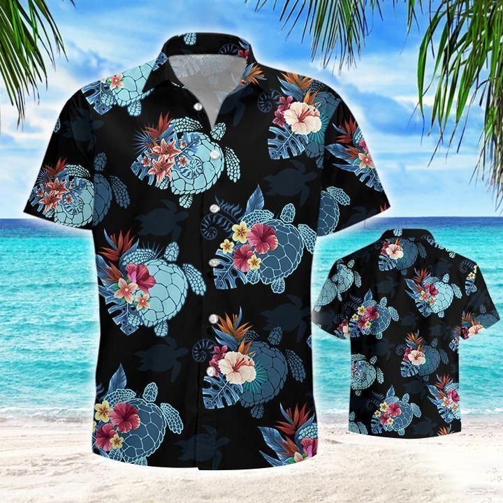 Turtle Flower Tropical Dark Theme Hawaiian Shirt HO1980