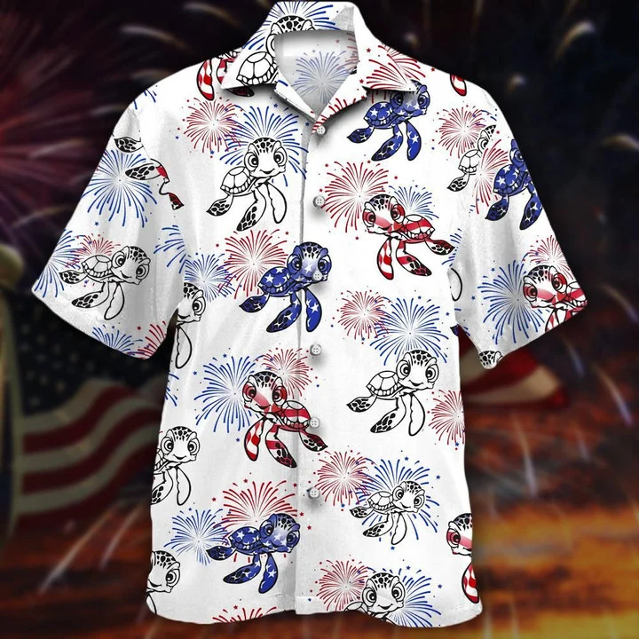 Turtles And Fireworks White Theme Hawaiian Shirt HO2376