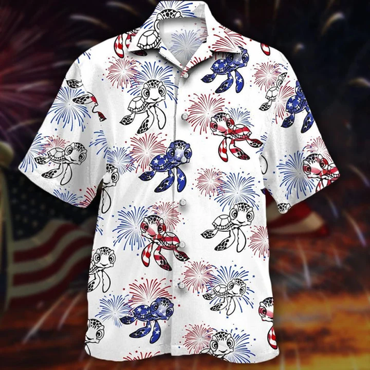 Turtles And Fireworks White Theme Hawaiian Shirt HO2376