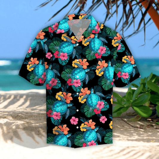 Turtles Glow Hibiscus Tropical Leave Black Theme Hawaiian Shirt, Short Sleeve Hawaiian Aloha Shirt for men and women HO1835