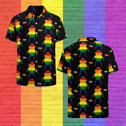 Lgbt Frog Holding Pride Flag Hawaiian Vintage Shirt Mens Button Down Plus Size Tropical Hawaii Beach Shirts HO4617