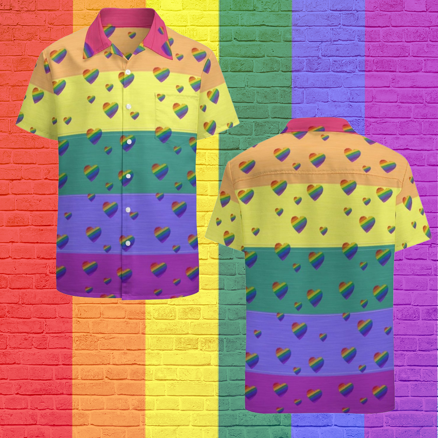 Lgbt Pride Rainbow Flag And Hearts Pattern Hawaiian Vintage Shirt Mens Button Down Tropical Hawaii Beach Shirts HO4613