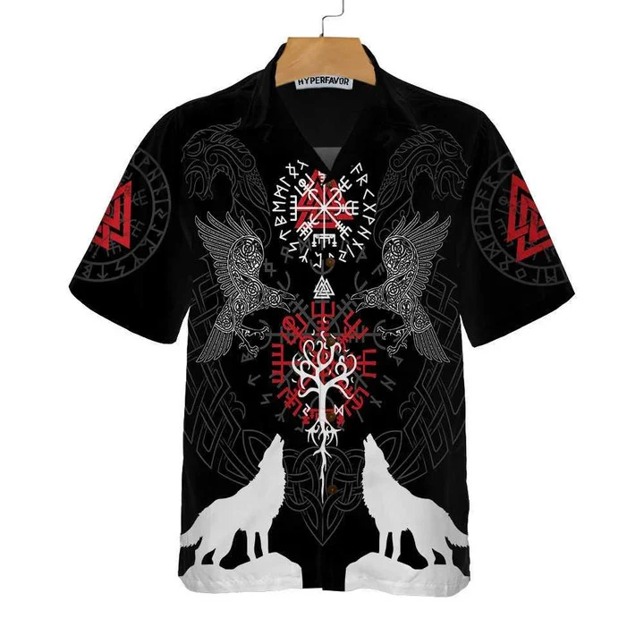 Viking Raven And Wolf White Silhouette Hawaiian Shirt HO0736