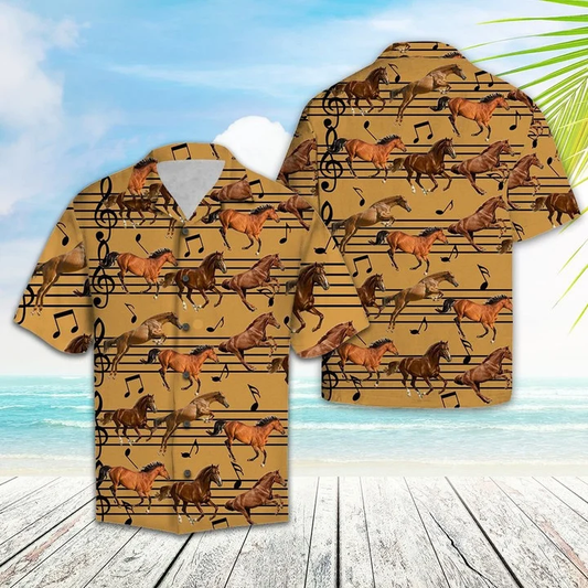 Vintage Brown Horse Love Music Notes Pattern Hawaiian Shirt HO1935