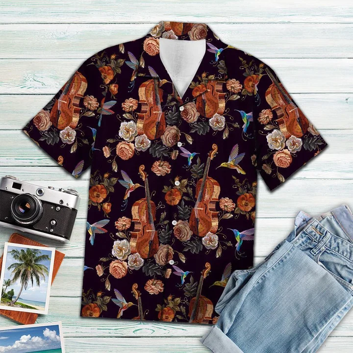 Vintage Style Violin And Hummingbird Blossom Pattern Hawaiian Shirt HO1642