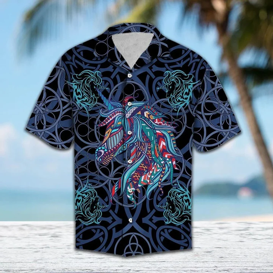 Vivid Colorful Unicorn Blue Mandala Art Pattern Hawaiian Shirt HO2050