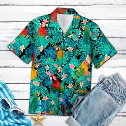 Parrot hawaii shirt for men, Vivid Parrot Tropical Palm Leaves Summer Vacation Gift Ideal Hawaiian Shirt HO1982