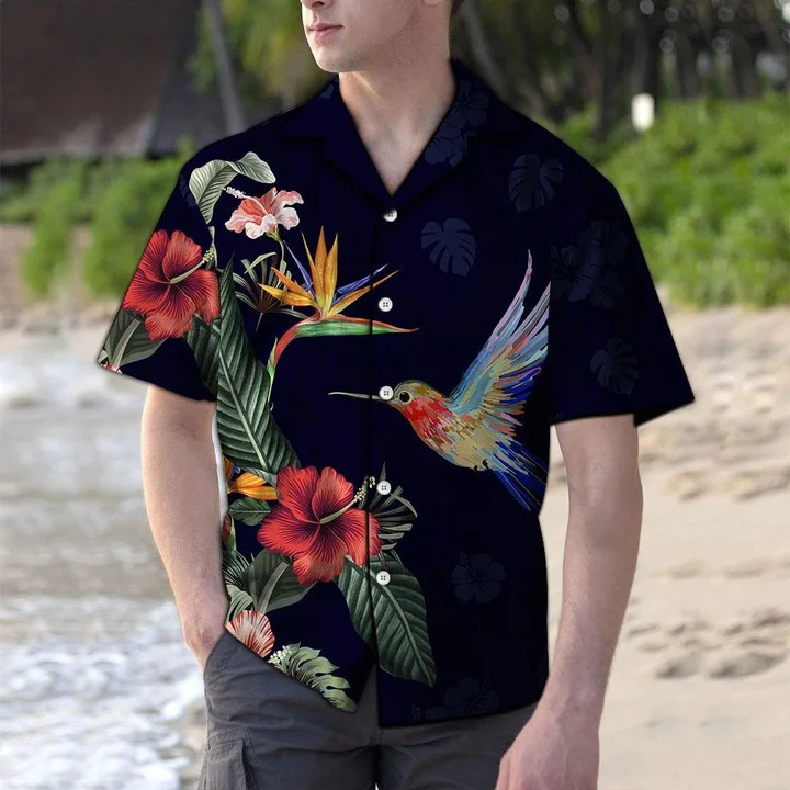 Hummingbird Hawaiian shirt, Vivid Tropical Red Flower And Hummingbird Pattern Hawaiian Shirt HO1979