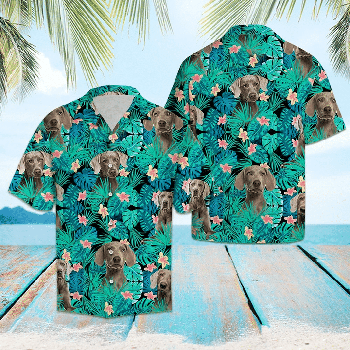 Weimaraner Tropical Flower Pattern Turquoise Theme Hawaiian Shirt HO1902