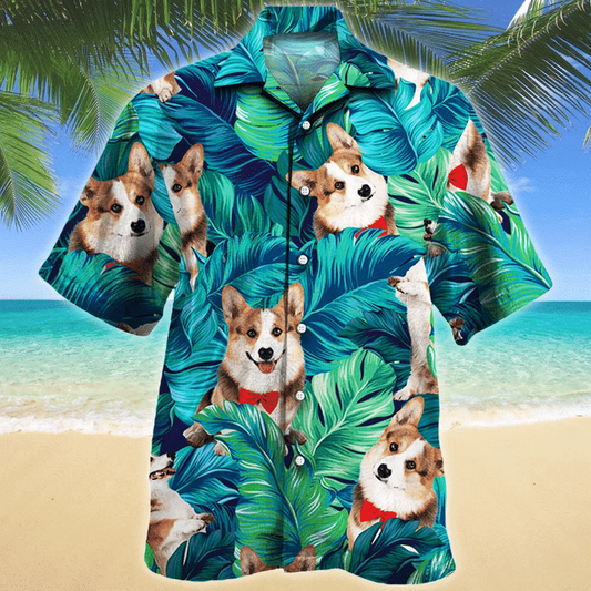 Welsh Corgi Dog Green And Blue Stripe Hawaiian Shirt HO1410