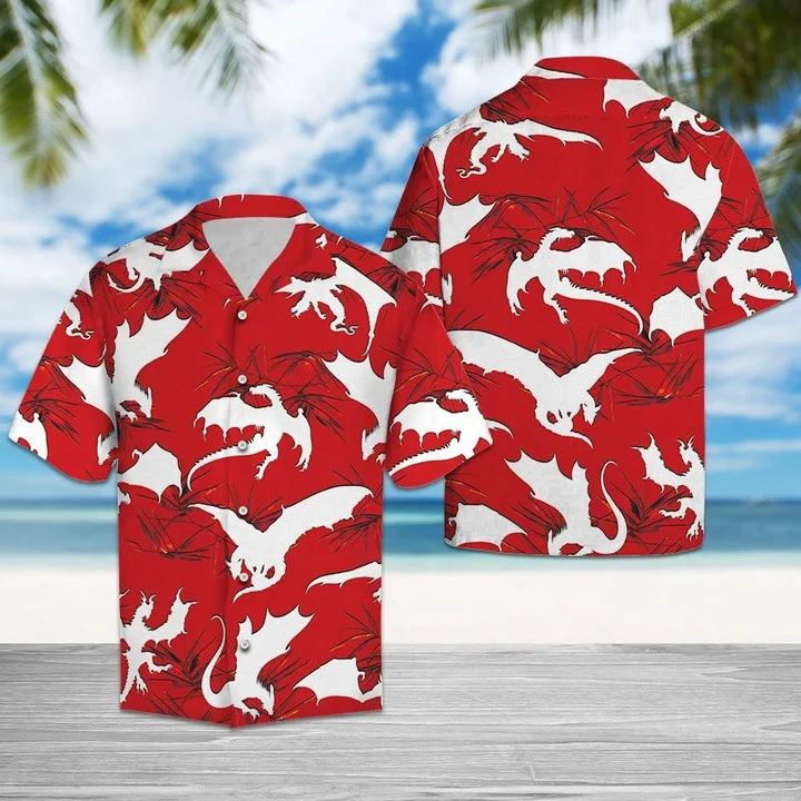 White Dragon Flying Red Hawaiian Shirt for Men, women HO1745