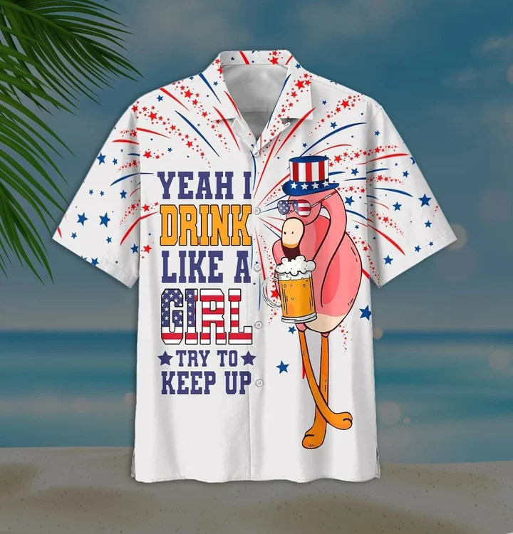 Yeah I Drink Like A Girl Charming Flamingo And Beer White Theme Hawaiian Shirt HO2136