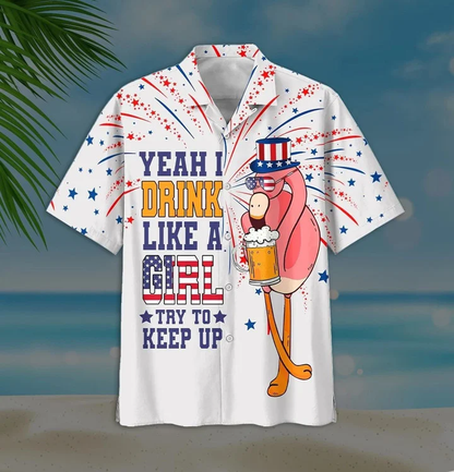 Yeah I Drink Like A Girl Charming Flamingo And Beer White Theme Hawaiian Shirt HO2136